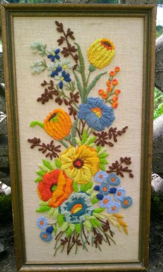 Vintage Framed Floral Embroidered Crewel Art Wall Hanging Harvest 11 X 21 Mcm