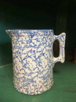 Antique Early 20th Century Blue And White Spongeware Pitcher