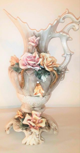 Antique Capodimonte Pitcher Vase Pink Flower Porcelain 9” - 9 1/2” Tall