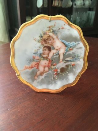 Limoges Porcelain Miniature Cupids Plate Gold Trim,  Antique In Stand
