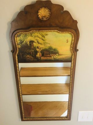 Southampton Queen Anne Walnut Trumeau Mirror With Painting Of Hunting Scene