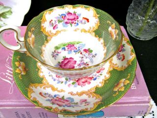 Royal Grafton Tea Cup And Saucer Green & Pink Canton Pattern Teacup Floral Set