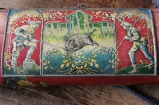 Antique Embossed & Lithographed Tin Vasculum.  Hunters & Boar.  Art Noveau.  Ca1900