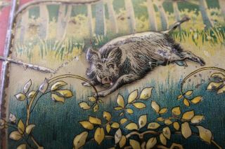 Antique embossed & lithographed tin vasculum.  Hunters & Boar.  Art Noveau.  ca1900 3