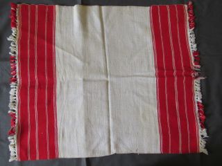 ANTIQUE TOWEL CLOTH LINEN TABLE RUNNER FABRIC STRIPED VINTAGE White&red 2