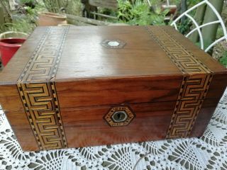 Antique Tunbridge Ware Wooden Box Walnut Veneer Parquetry Mother Of Pearl