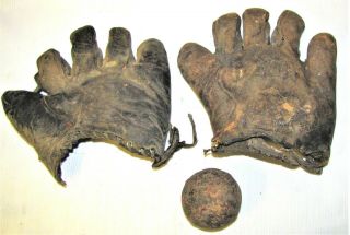 2 - - Antique Baseball Gloves And A Ball - - Very Old And Very Rough