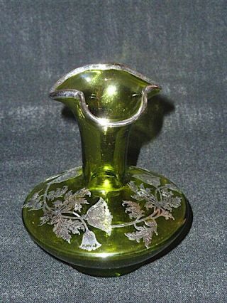 Antique Vintage Olive Green Glass Vase Silver Overlay Art Nouveau Flowers Vines