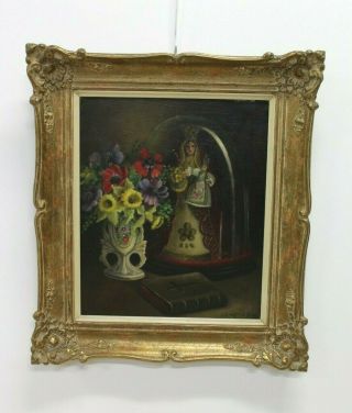 Antique Belgian Oil Painting On Canvas Still Life Flowers Holy Mary Bible E/0062