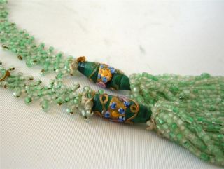 Antique Art Deco Green Glass Seed Bead Tassel Necklace Lariat Wedding Cake Beads