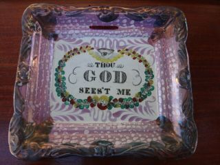 Antique Sunderland Lustre Ware Pottery Wall Plaque C1860 " Thou God Sees 