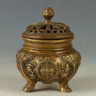 Chinese Brass Hand - Carved Lotus Incense Burner W Xuande Mark My1148