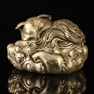 Old Copper - Plating Silver Hand - Made Gold Drawing Fox Statue Incense Burner F02d