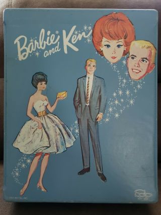 Vintage Barbie And Ken Blue Vinyl Case With Dolls And Accessories