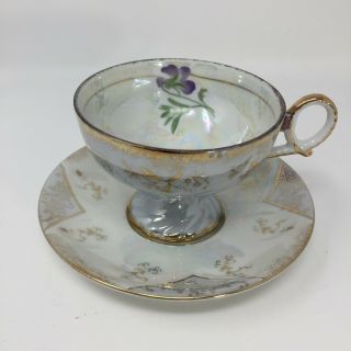 Vintage Norcrest Lusterware Tea Cup & Saucer Periwinkle/lavender W/gold Accents