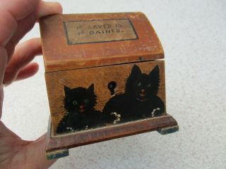 An Antique Vintage Folk Art Money Box - Black Cats & Mouse - Motto - C1900 - With Key.