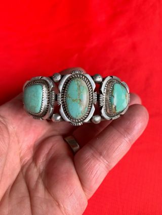 Antique Signed Navajo Turquoise & Sterling Silver Cuff Bracelet
