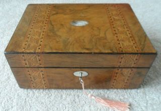 Antique Parquetry Inlaid Work/trinket Box With A M Of P.  Cartouche & Escutcheon.