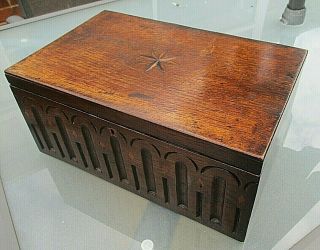 ANTIQUE VICTORIAN OAK OBLONG BOX WITH INLAY AND SOME SMALL COMPARTMENTS INSIDE 2