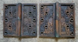 Set Of 2 Antique Bronze Cast Iron Eastlake Ornate Victorian Door Hinges 1869