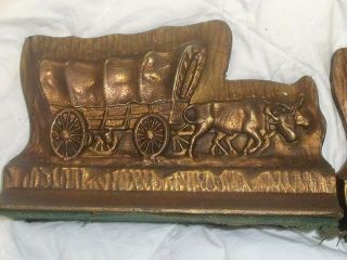Vintage Western Bookends Heavy Bronze 13 Pounds Bulls Pulling Wagon G1