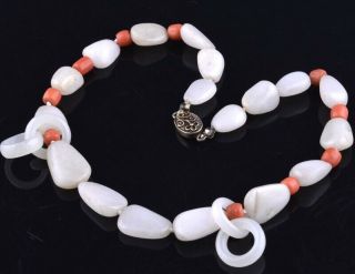 Fine Antique Chinese White Jade & Orange Coral Filigree Silver Bead Necklace