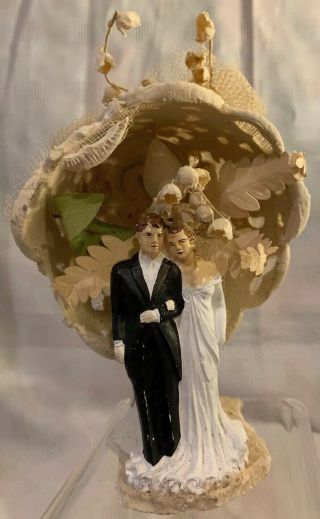 VTG Romantic 40s 50s Wedding Cake Topper Bride & Groom Lily of the Valley BEST 2