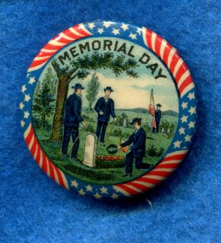 Antique Memorial Day Celluloid Pinback Button W/ Civil War Veteran Graphics
