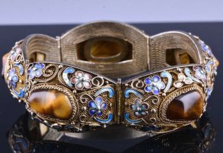 Very Fine Chinese Filigree Gilt Silver Enamel & Tigers Eye Stone Bangle Bracelet