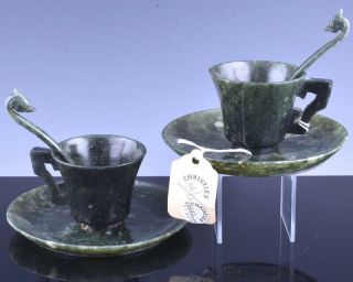 Pair Fine Antique Chinese Carved Spinach Jade Wine Cups Teacups Saucer Christies