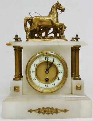 Antique French 8 Day Alabaster & Gilt Metal Horse Figure Timepiece Mantle Clock