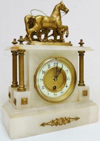 Antique French 8 Day Alabaster & Gilt Metal Horse Figure Timepiece Mantle Clock 2