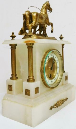 Antique French 8 Day Alabaster & Gilt Metal Horse Figure Timepiece Mantle Clock 3
