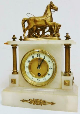 Antique French 8 Day Alabaster & Gilt Metal Horse Figure Timepiece Mantle Clock 5