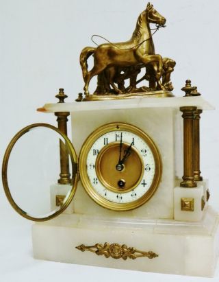Antique French 8 Day Alabaster & Gilt Metal Horse Figure Timepiece Mantle Clock 8