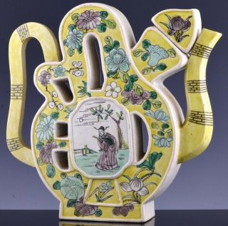 Great 19thc Chinese Famille Verte Yellow Enamel Scenic Puzzle Wine Ewer Teapot