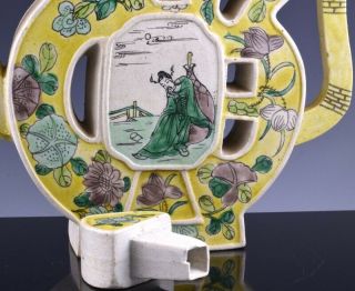 GREAT 19THC CHINESE FAMILLE VERTE YELLOW ENAMEL SCENIC PUZZLE WINE EWER TEAPOT 6