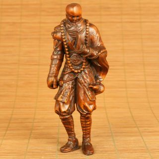 Antique Japanese Old Boxwood Hand Carved Kungfu Warrior Statue Netsuke Home Deco