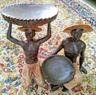 Carved Wood & Painted Blackamoor/african Boys Holding Baskets 27 Cm High