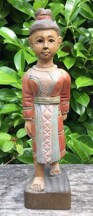 Old Vintage Midcentury Wood Carved Figure Oriental Basket Carrier Female Meo