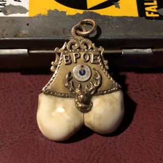 Antique Bpoe Double Elks Tooth Pendant Enamel 11th Hour Clock 14k Gold 11.  2 Gram