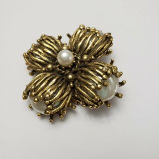 Vintage Baroque Pearl Brooch Pin Antiqued Gold - tone Large 2