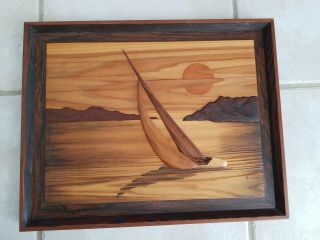 Vintage Contemporary Wood Mosaic Marquetry Art Sailboat Robert W Johnson Signed
