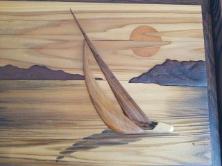 Vintage Contemporary Wood Mosaic Marquetry Art Sailboat Robert W Johnson Signed 2