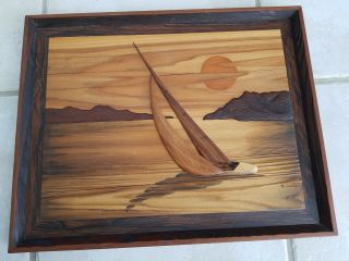 Vintage Contemporary Wood Mosaic Marquetry Art Sailboat Robert W Johnson Signed 4