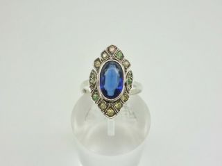 Antique Art Deco 935 Solid Silver Sapphire & Diamond Paste Cocktail Ring Size K