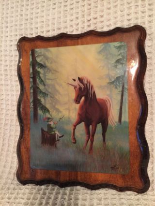 1986 Unicorn & Imp Elf Lithograph Picture On Wood Wall Art By Bobbii 12.  5” X 11”