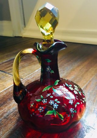 Antique England/Mt.  Washington Co.  Amberina Art Glass Enameled Cruet/Cologne 2
