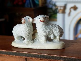 Antique Dollhouse Miniature Porcelain Figure Of 2 Sheep 1:12