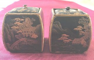 Pair Antique Chinese Painted Lacquer Small Lidded Pots